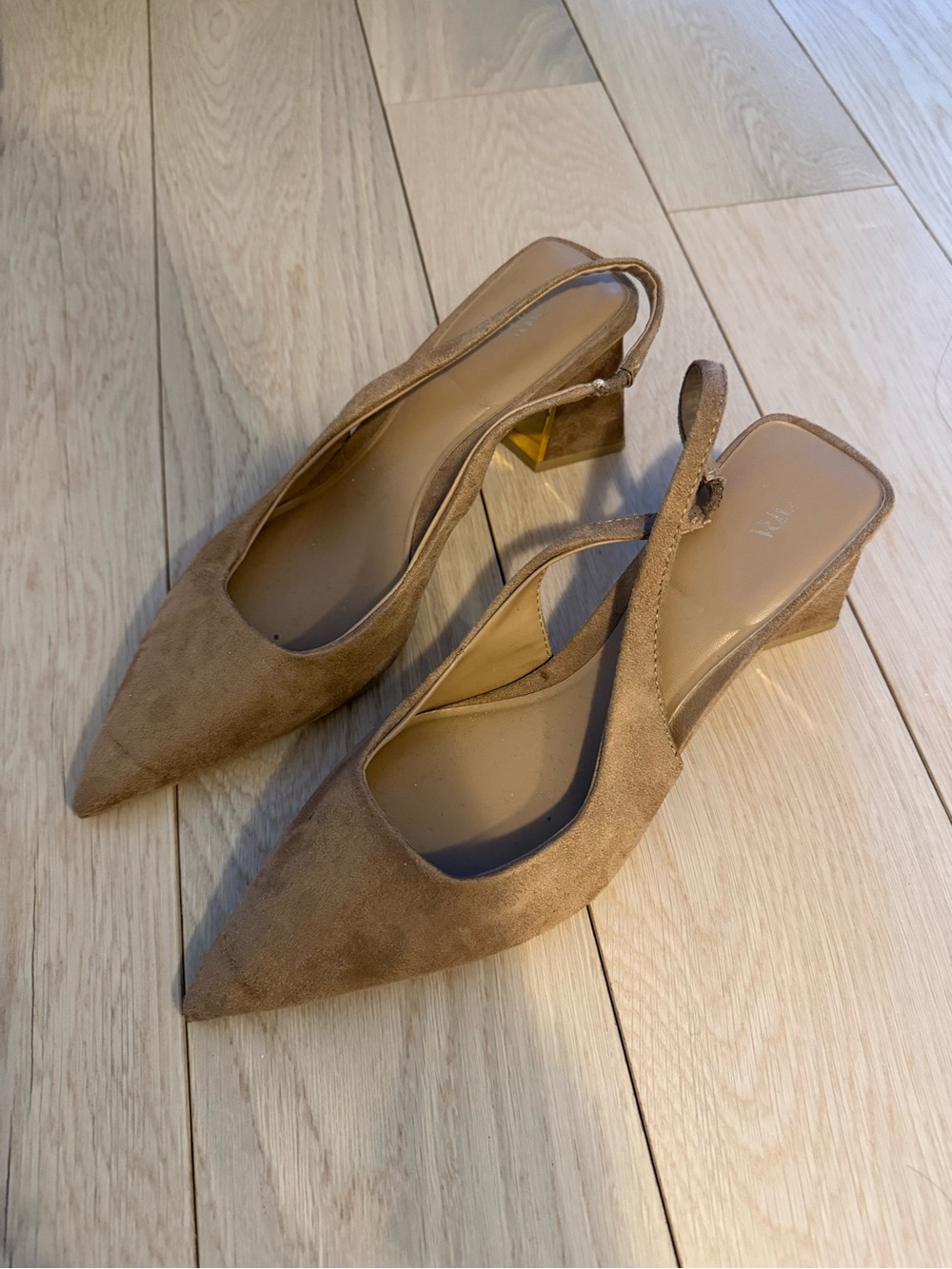 Slingback Pointed Toe Block Heel Pumps in Taupe